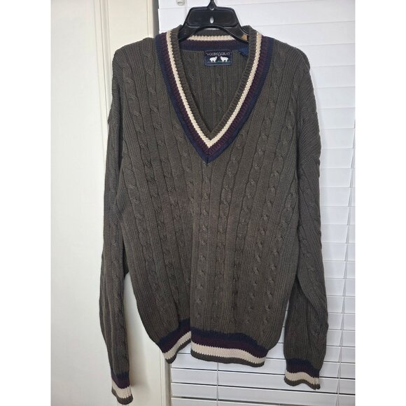VTG Mens V-Neck Tennis Sweater Cable Knit L 100% Cotton - Picture 1 of 8
